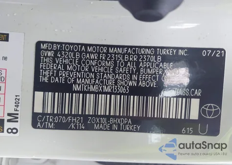 2021 Toyota C-Hr Le from USA, damaged, VIN NMTKHMBX1MR133063